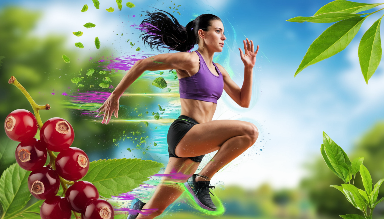 A dynamic woman athlete in motion surrounded by black currants and green tea leaves, symbolizing energy and vitality.